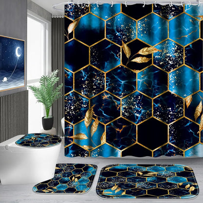 1/4 pcs sky blue honeycomb marble pattern shower curtain set, Bathroom Shower Curtain Sets, Decorative shower curtain, non-slip floor mat, U-shaped carpet, toilet lid cover, for bathroom decoration accessories, partition, free 12 shower curtain hooks