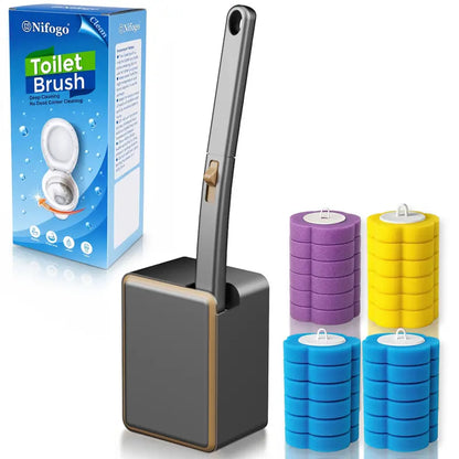 Compact Disposable Plastic Toilet Brush Gift Set - 24 Disposable Heads, Wall-Mount Holder, Handle, Wall-Mounted Caddy for Tidiness, Germ-Contact Reduction for Car Interior & Household Use