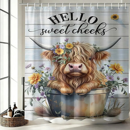 Hello Sweet Cheeks Highland Cow Shower Curtain, Funny Shower Curtains for Bathroom, Floral Sunflower Bucket Calf White Wooden Plank Funny Quote Country Farmhouse Bathroom Decor, Rustic Western Humor Shower Curtains with Hooks 72X72Inch