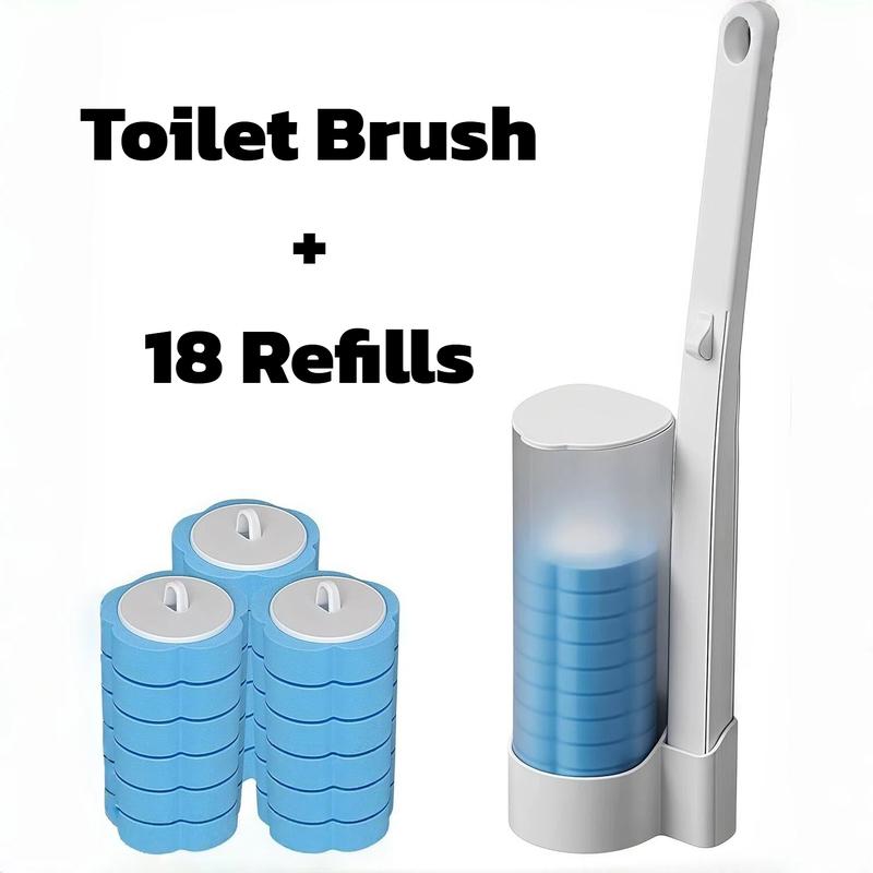 3-in-1 Disposable Plastic Long Handle Toilet Cleaner Brush & Wall Mount Bathroom Organizer Set with Adhesive Tape - 18/36 Refill Heads Starter Kits, 99.9% Germ & Virus Killing, Space-Saving Deep Clean Wand Caddy for Bathroom