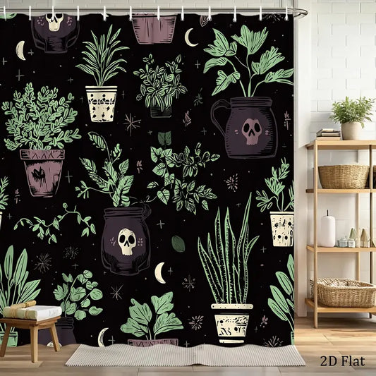 Bold Gothic Polyester Shower Curtain, 70.8x70.8in Black & Green Geometric Botanical Skull Design, Rustic Spooky Home Decor, Wall-Mount Compatible, Easy Clean Care Waterproof 2D Flat Fabric, 12 Hooks, Free Bathroom Window Cover
