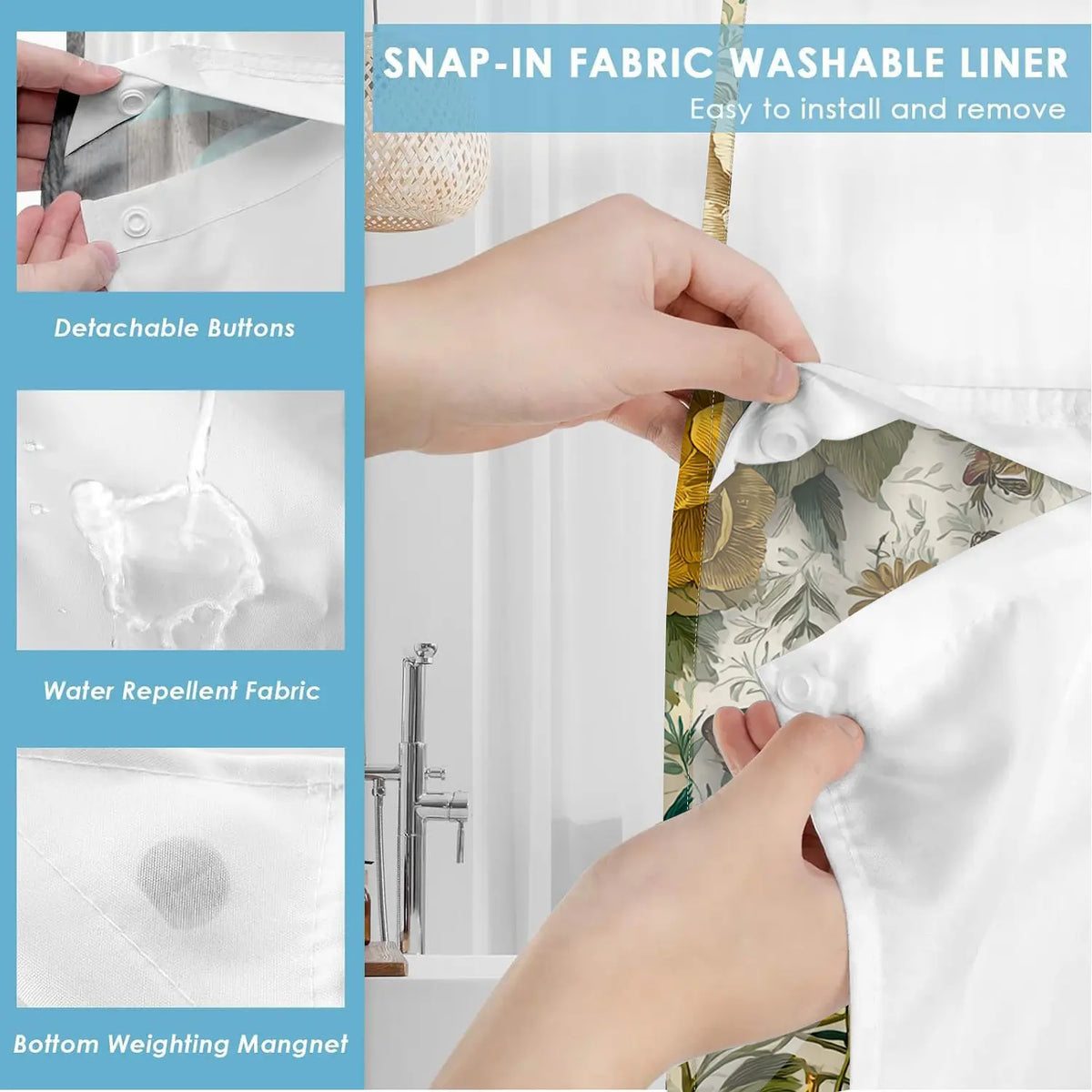 1pc hookless Aesthetic shower curtain with snap fastener, retro butterfly flower 2D printing, fabric waterproof inner lining double-layer with transparent window and liner, 71 x 74 inches