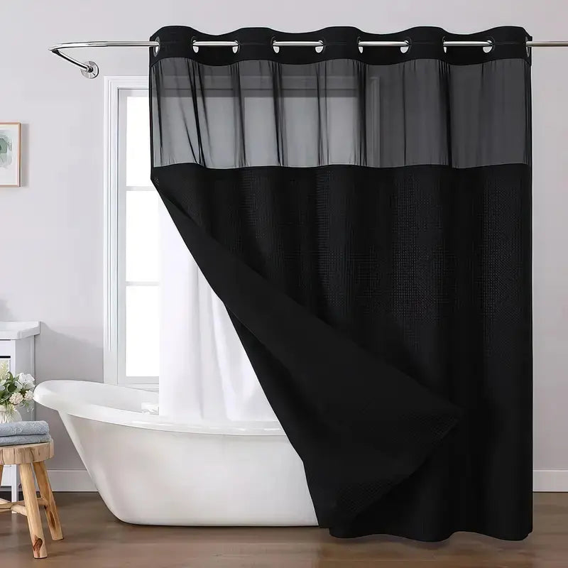 Waffle Pattern No-Hook Shower Curtain,1 Count Double Layer Waterproof Bathroom Curtain with Snap in Liner ,Size Adaptability Washable Bathroom Accessories, for Hotel Salon Room,Home Dector,Household Items Installation