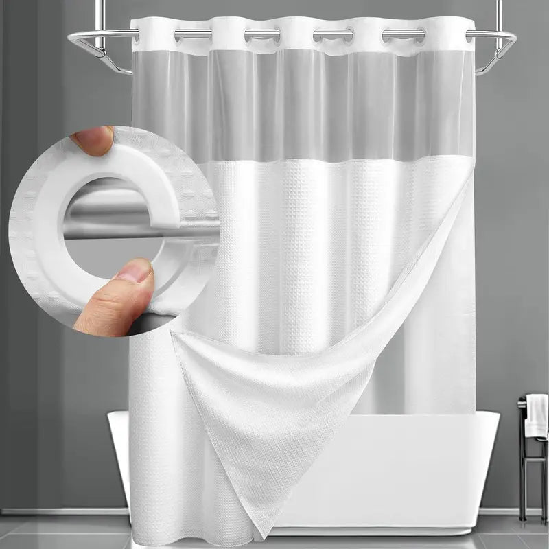 Double Layer Waffle-Pattern Shower Curtain - No Hook Snap-in Liner, Fabric Waterproof Inner & Washable White Outer Cloth, Modern Bathroom Accessory for Home/Hotel/Salon/Dorm, 72x75 Inch