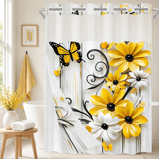 1PC 2D Flat Yellow & White Daisy Floral Butterfly Pattern Double-Layer Woven Shower Curtain, Floral Shower Curtains For Bathroom, No Hooks, Transparent Top Window, Removable Snap-On Liner, Modern Bathroom Partition Art Decor, Holiday Decoration