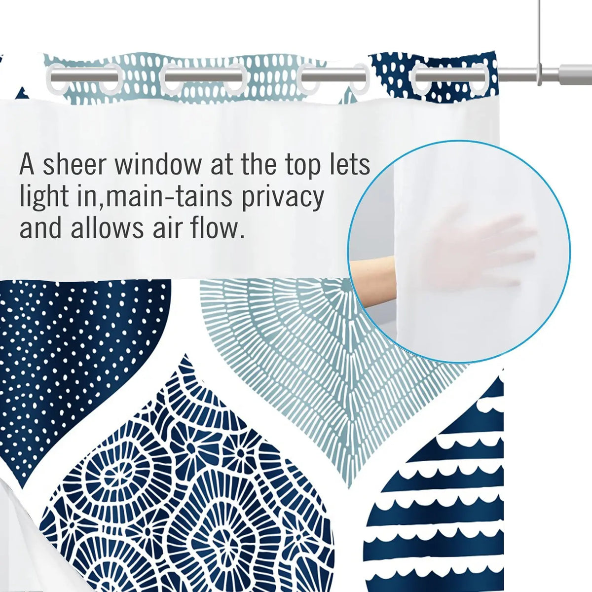 LVRLVR 1pc Modern Minimalist Geometric Ogee Bathroom Shower Curtain with Sheer Top Window, Detachable Liner & No Hook C-Ring, 70.8" x 74"