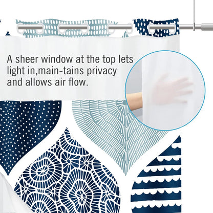 LVRLVR 1pc Modern Minimalist Geometric Ogee Bathroom Shower Curtain with Sheer Top Window, Detachable Liner & No Hook C-Ring, 70.8" x 74"