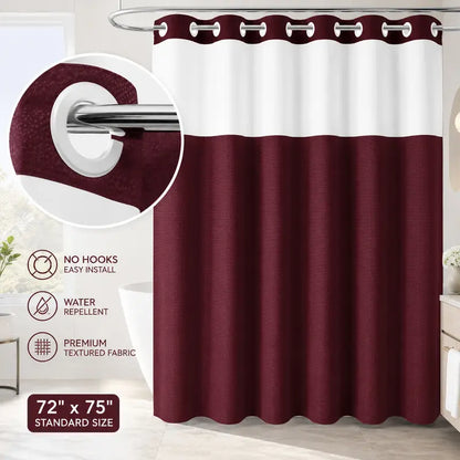 Double Layer Waffle-Pattern Shower Curtain - No Hook Snap-in Liner,  Waterproof Inner & Washable White Outer Cloth,  Bathroom Accessory for Home/Hotel/Dorm, 72x75 Inch