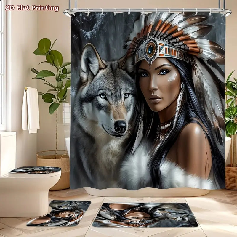 1/4pcs 2D Flat Tribal Spirit Shower Curtain Set, Native American Headdress and Wolf Bathroom Decor, Accessories with Bath Mat, U-shaped Mat, Toilet Lid Cover, Shower Curtain Includes Hooks, Wild Tribal Art, Home Decor, Bathroom Accessories.
