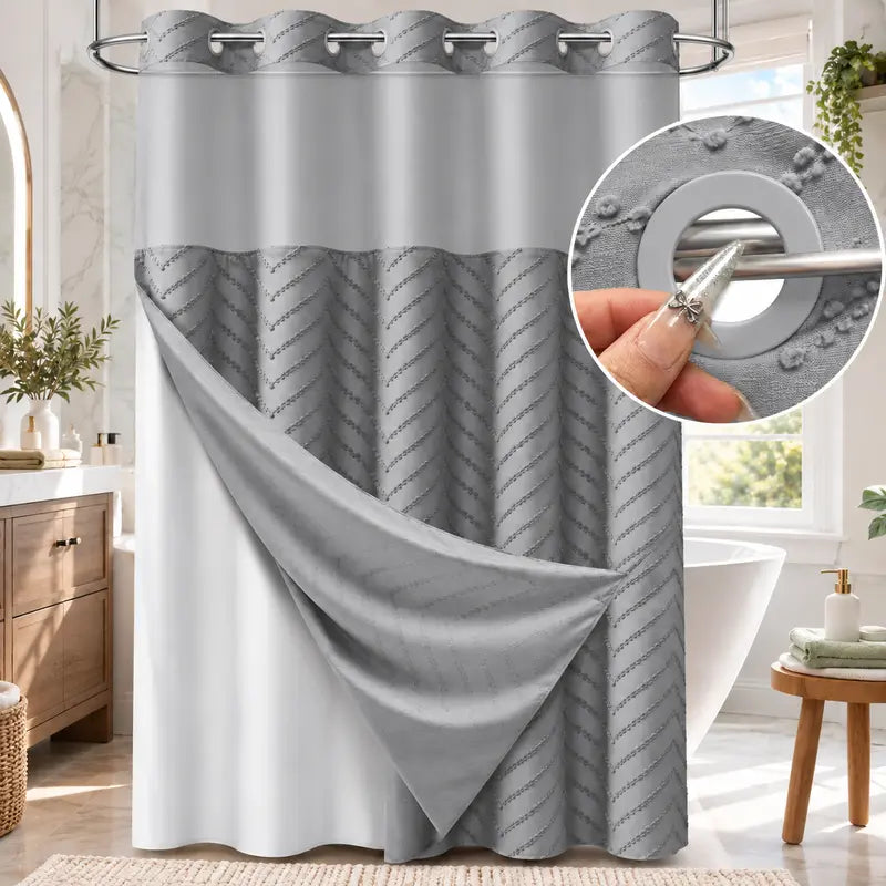 Hookless Boho Tufted Chevron Striped Shower Curtain, Waterproof & Washable, Removable White Outer Layer, Modern Textured Design, See-Through Mesh Top Window, for Bathroom & Hotel, 71 × 74 Inch