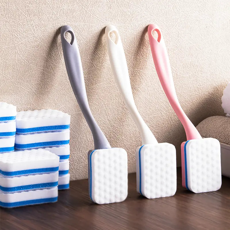 Long Handle Magic Eraser Foam Sponges & Scouring Pads - 10 Sponge Heads, 1 Gray Handle, Quick-Clean Scrub for Bathroom (Home Care Supplies)