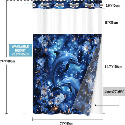 1 Pack No Hook Double Layer Bathroom Shower Curtain, Dreamy Blue Dolphin & Floral Print Bath Curtain, Waterproof, Mildew Resistant, Durable Fabric, Romantic Ocean Home Decor, Removable Liner, Top See-Through Window, Partition Curtain 71"×74"