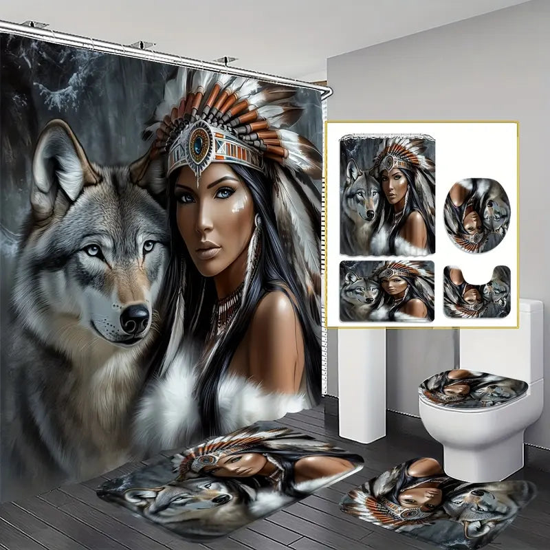 1/4pcs 2D Flat Tribal Spirit Shower Curtain Set, Native American Headdress and Wolf Bathroom Decor, Accessories with Bath Mat, U-shaped Mat, Toilet Lid Cover, Shower Curtain Includes Hooks, Wild Tribal Art, Home Decor, Bathroom Accessories.
