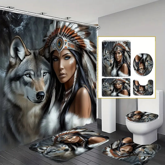 1/4pcs 2D Flat Tribal Spirit Shower Curtain Set, Native American Headdress and Wolf Bathroom Decor, Accessories with Bath Mat, U-shaped Mat, Toilet Lid Cover, Shower Curtain Includes Hooks, Wild Tribal Art, Home Decor, Bathroom Accessories.