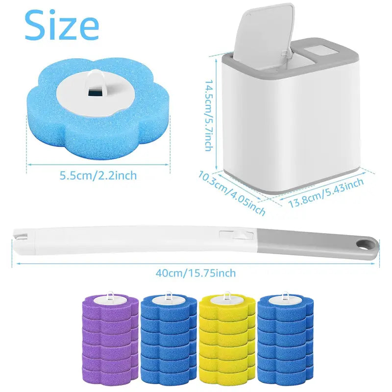Disposable Toilet Scrubber Wand - Plastic Bathroom Cleaning Tool, Disposable Toilet Cleaning System with Flower-Shaped Sponge Heads, Built-In Solution, Long Handle for Hard-To-Reach Areas & Deep Clean