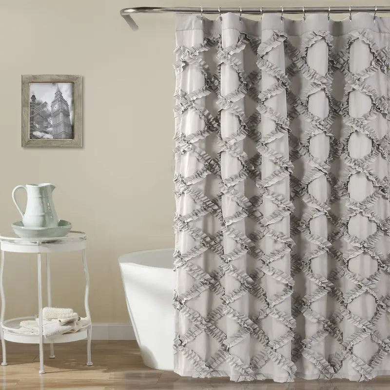 Lush Decor Ruffle Diamond Shower Curtain 72 x 72 in - Polyester ruffle embroidery, OEKO-TEX STANDARD 100, soft textured decorative bathroom curtain for tub, neutral gray white blush ivory