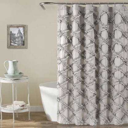 Lush Decor Ruffle Diamond Shower Curtain 72 x 72 in - Polyester ruffle embroidery, OEKO-TEX STANDARD 100, soft textured decorative bathroom curtain for tub, neutral gray white blush ivory