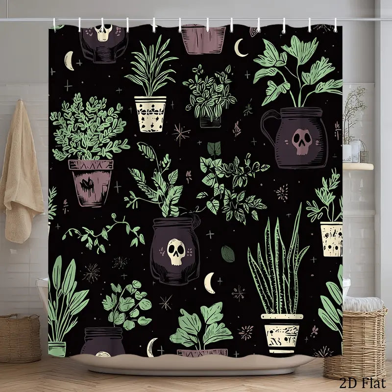Bold Gothic Polyester Shower Curtain, 70.8x70.8in Black & Green Geometric Botanical Skull Design, Rustic Spooky Home Decor, Wall-Mount Compatible, Easy Clean Care Waterproof 2D Flat Fabric, 12 Hooks, Free Bathroom Window Cover