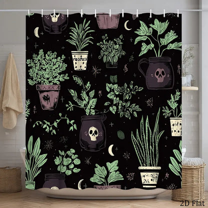 Bold Gothic Polyester Shower Curtain, 70.8x70.8in Black & Green Geometric Botanical Skull Design, Rustic Spooky Home Decor, Wall-Mount Compatible, Easy Clean Care Waterproof 2D Flat Fabric, 12 Hooks, Free Bathroom Window Cover