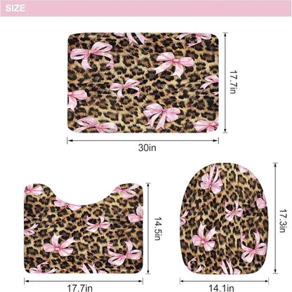 Pink Bow with Leopard Print Playful Bathroom Shower Curtain Sets (1/4 Pcs) - Polyester, Non-Slip Floor Mat, U-Shaped Carpet, Toilet Lid Cover, 12 Shower Curtain Hooks, Cohesive Set for Bathroom Decor, Bows
