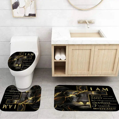 1pc/4pcs cross and lion shower curtain set, non-slip floor mat, U-shaped carpet, toilet lid cover, perfect for bathroom decoration, partition, beautify the space, 12 shower curtain hooks are included