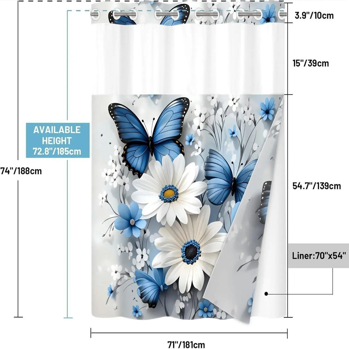 1 Piece Hookless Double Layer Pretty Shower Curtain, Blue Butterfly & White Daisy Print Bath Curtain with Removable Liner and Top See-Through Window, Waterproof and Mildew Resistant, Durable Fabric, Farmhouse Home Decor, 71×74""