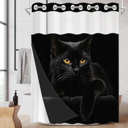 1pc hookless Printed shower curtain with buckle lining, black background with yellow eyes and black cat design, 2D flat printing, fabric waterproof lining, see-through double-layer shower curtain, 71 x 74 inches, modern home draping curtain.