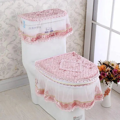 Elegant Solid 3-Piece Luxury Velvet Lace Toilet Accessories Set - Skirted Lace Trim, Commode Cushion, Water Tank Cover, Toilet Paper Holder Cover, Home Interior Decoration for Household Bathroom Upgrade, Toilet Accessories Cover, Bathroom Decor