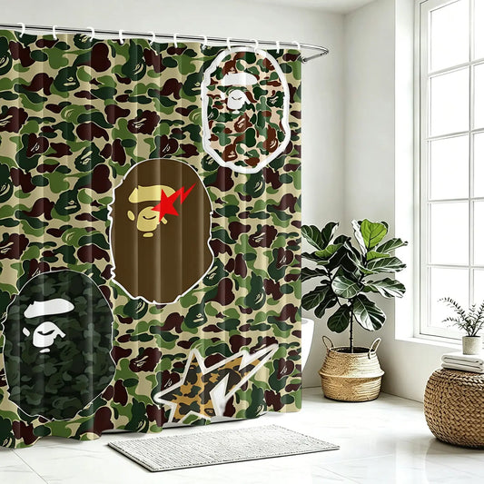 Streetwear Classic Camouflage Funky Shower Curtain, Vintage Green Blue Grey Black Galaxy Monkey Face Print, Cool Hip Hop Bathroom Decor for Teens & Men, Trendy Youth Fashion Shower Curtain with Hooks, 72 x 72 Inch