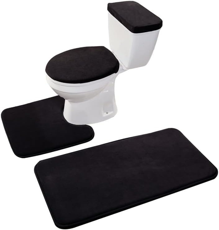 Madeals Bathroom Rug Set 4 Piece with Toilet Lid Cover and Tank Cover Black