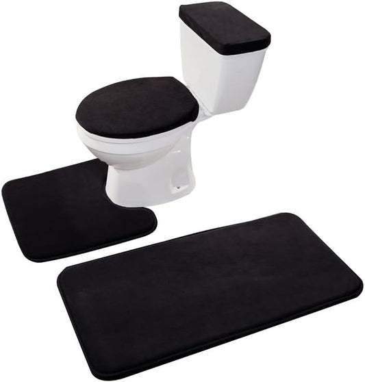 Madeals Bathroom Rug Set 4 Piece with Toilet Lid Cover and Tank Cover Black