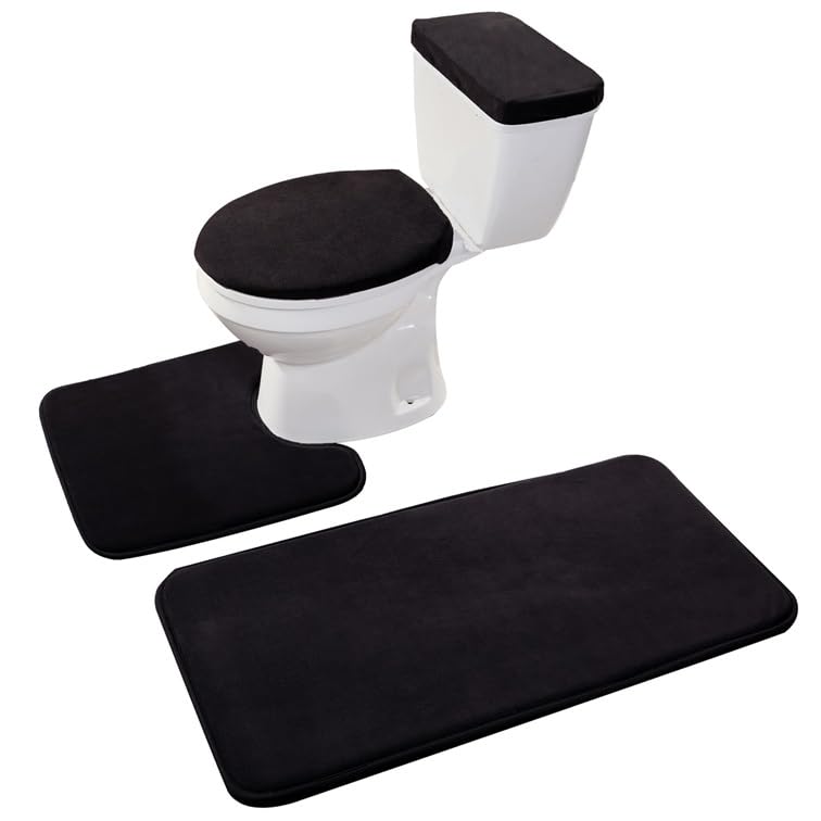 Madeals Bathroom Rug Set 4 Piece with Toilet Lid Cover and Tank Cover Black