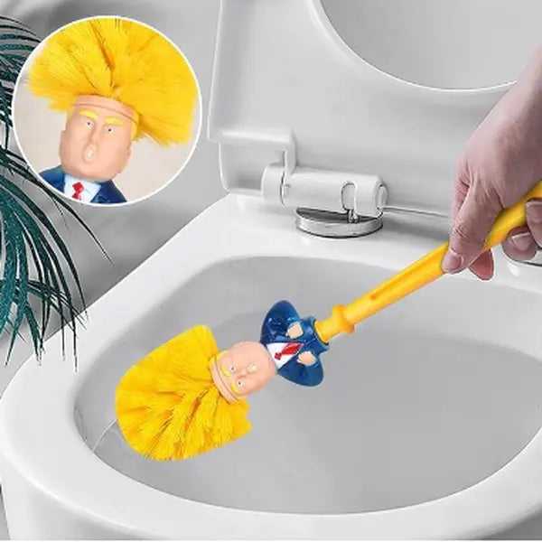 Funny Donald Brush Creative Toilet Brush with Strong Nylon Bristles - 360-degree Cleaning & Quick Drainage - Fun Design for Bathroom - Yellow Bristles  -Trump Toilet Brush