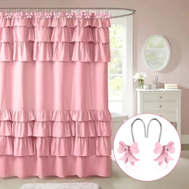 12PCS Premium Resin Blush Pink Bow Knot Shower Curtain Hooks - Metal Alloy Material, Eyelet Fit, Standard Rod Diameter, Bathroom Accessories for Baby Room Nursery