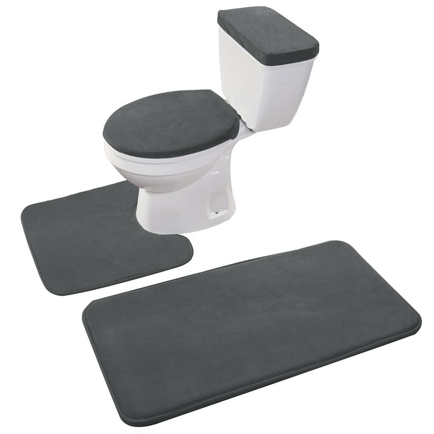 Madeals Bathroom Rug Set 4 Piece with Toilet Lid Cover and Tank Cover Black