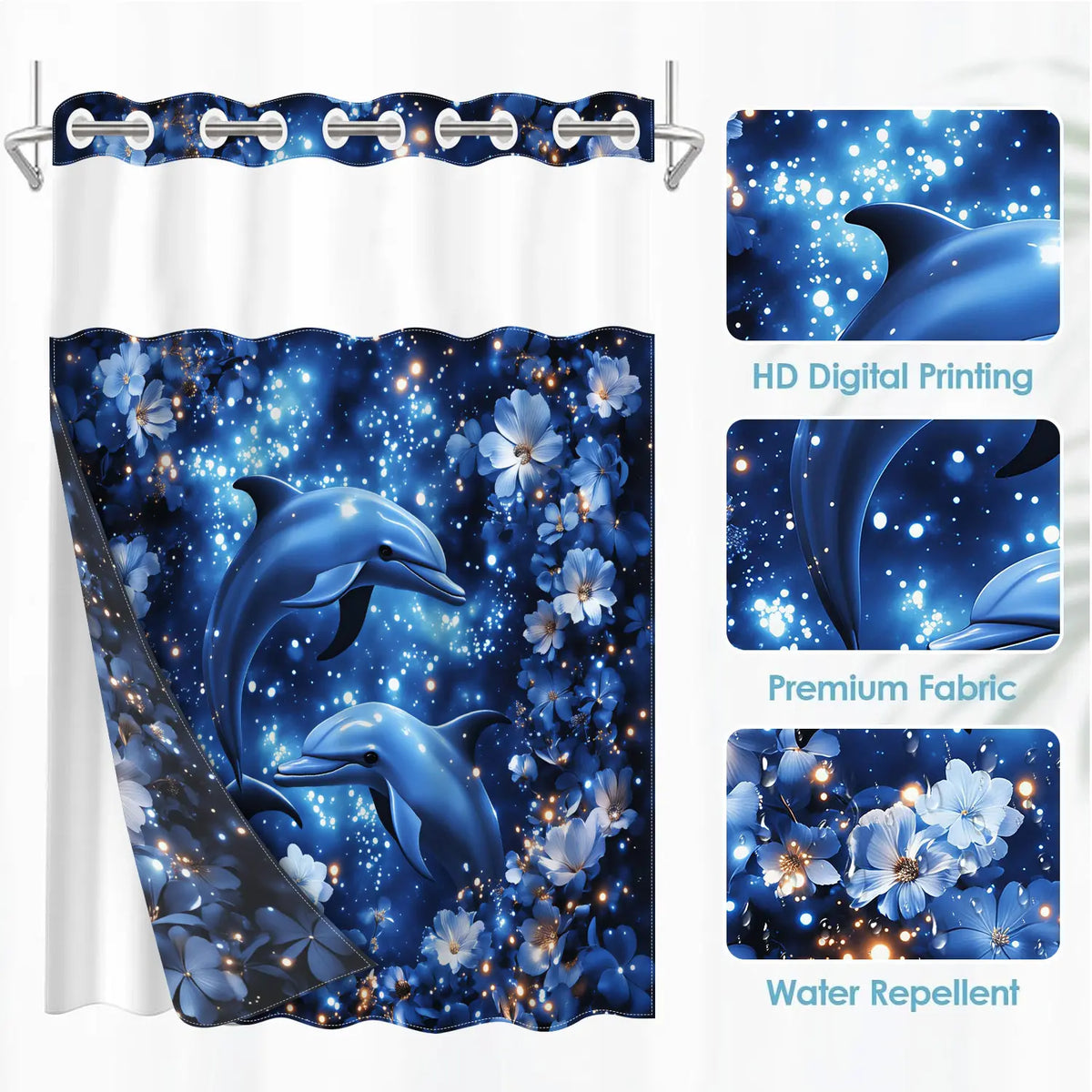 1 Pack No Hook Double Layer Bathroom Shower Curtain, Dreamy Blue Dolphin & Floral Print Bath Curtain, Waterproof, Mildew Resistant, Durable Fabric, Romantic Ocean Home Decor, Removable Liner, Top See-Through Window, Partition Curtain 71"×74"