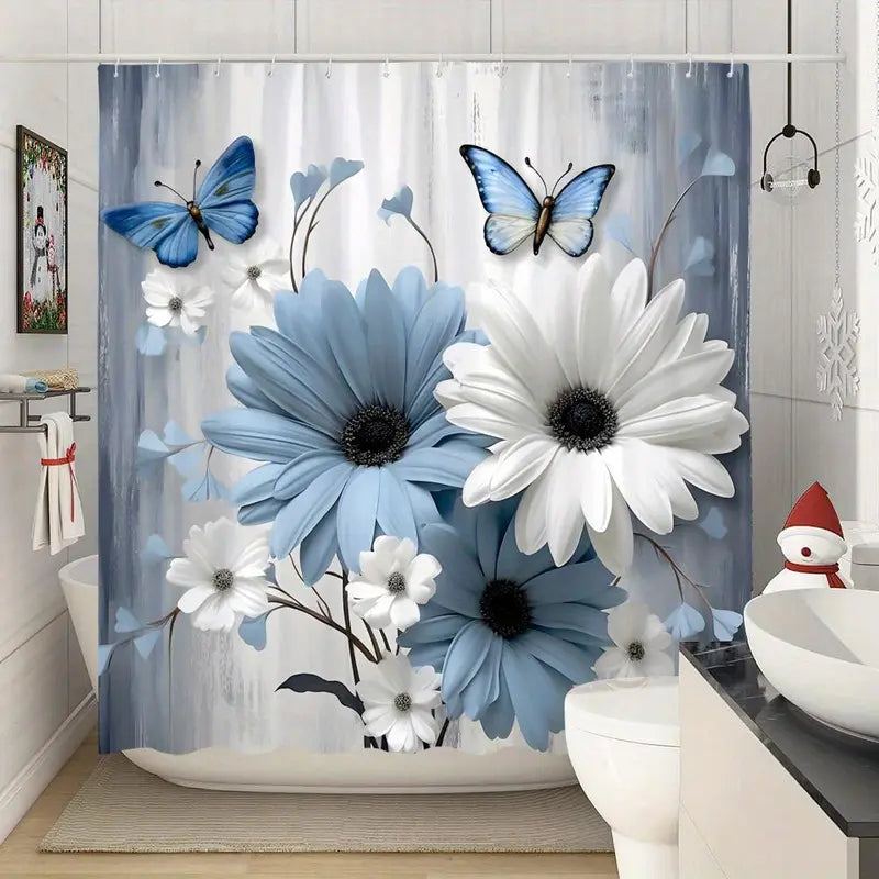 Blue and White Floral Butterfly Shower Curtain with Hooks - Bathroom Accessory, Plastic, Floral Nature Art Design, Soft Gray Backdrop, Bright Flowers, Sophisticated Theme, Compatible with Shower Curtain Rod, Ideal Gift