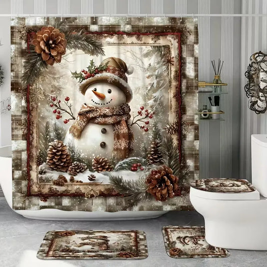 Christmas Design Snowman Pinecone Wintergreen Cute Vintage Decorative Shower Curtain Set For Bathroom, Bathroom Decoration Accessories, Non-Slip Mat, U-Shaped Rug, Toilet Lid Cover, Includes 12 Hooks