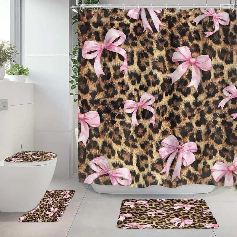 Pink Bow with Leopard Print Playful Bathroom Shower Curtain Sets (1/4 Pcs) - Polyester, Non-Slip Floor Mat, U-Shaped Carpet, Toilet Lid Cover, 12 Shower Curtain Hooks, Cohesive Set for Bathroom Decor, Bows