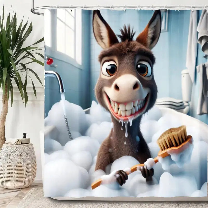 [Summervibes] Whimsical Donkey Shower Curtain with Hooks - Machine Washable Polyester Contemporary Modern Bathroom Decor Gift, Playful Partition, Artistic Animal Design, Durable Fabric for Home, Shower Curtains, Plastic