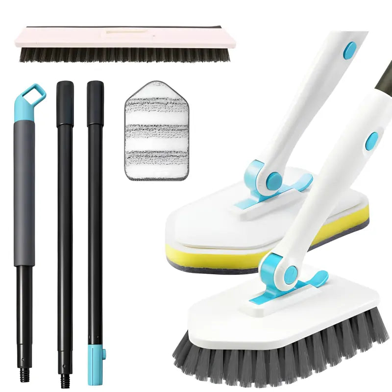 56-in Detachable EVA+Metal Pole Multifunctional Shower Scrubber Brush Set for Bathroom Owners, Removable Washable Adjustable Toilet Pad, Less Bending/Kneel, Cleans Bathtub Tile Grout Wall Floor, Wipes Glass Mirror Door Kitchen Surfaces