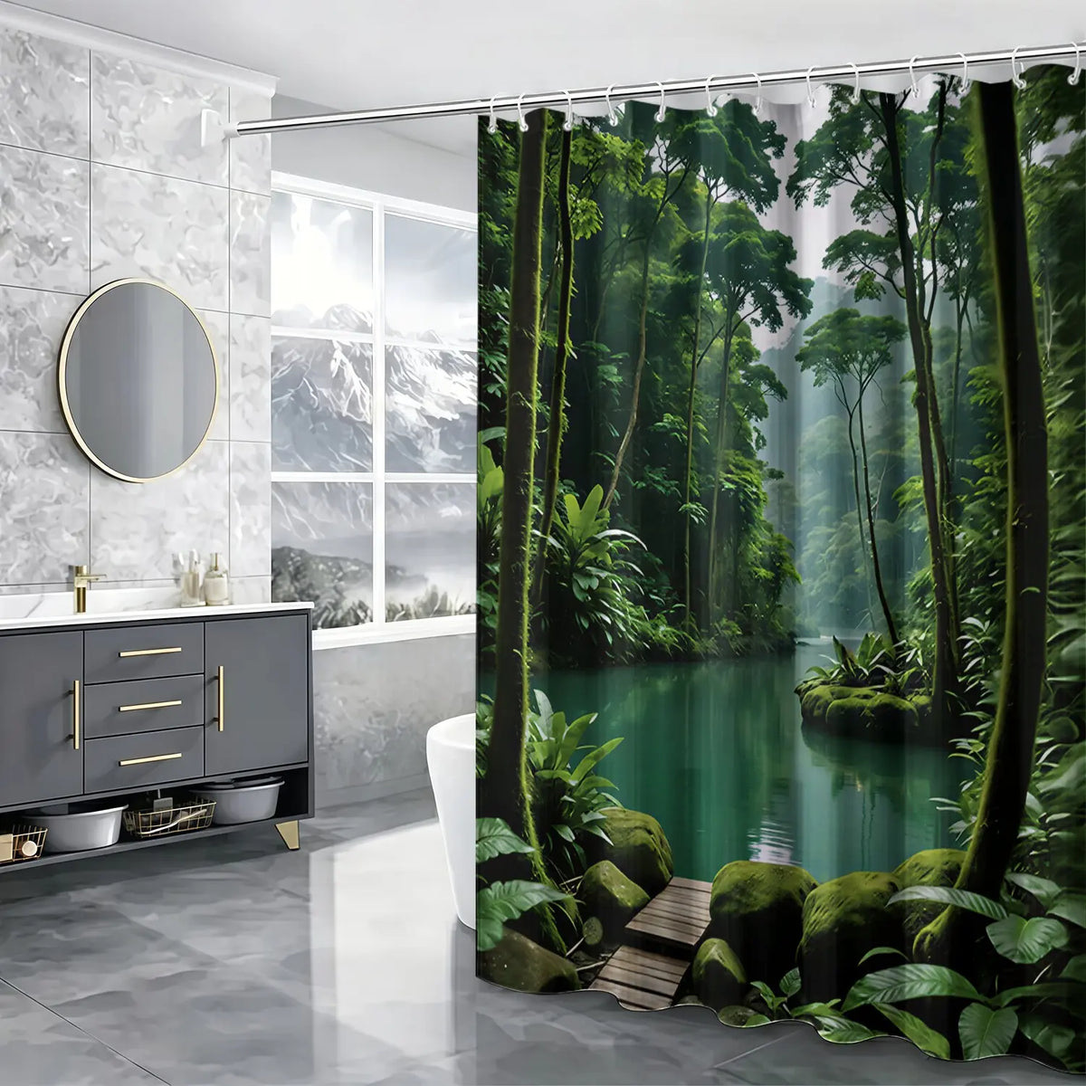 1pcs Lush Tropical Rainforest River Decorative Shower Curtain, Green Jungle Tree and Calm Lake Nature Bath Curtain for Bathroom Decor, Serene Wilderness Botanical Bathroom Curtain for Home, Perfect for Earth Day, Summer & Nature Inspired Bathroom Refresh
