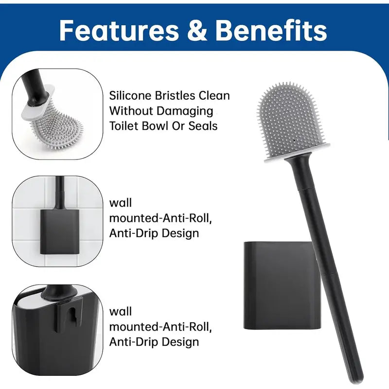 Black Wall-Mounted Compact Space-Saving RV Toilet Brush, Silicone Anti-Fouling Cleaning Tool, Anti-Roll, Drip-Free Hold, Water-Collecting, Safe for RV Travel Trailers & Campers