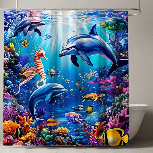 Vibrant Underwater Ocean Scene Printed Shower Curtain, Dolphins, Sea Turtles, Coral Reef, Lively Fish, Nautical Bathroom Decor, Summer Vibes, Aesthetic Shower Curtain, Decorative Shower Curtain, Waterproof Shower Curtain