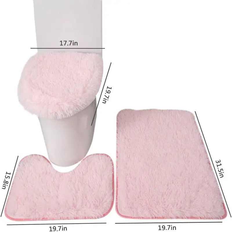 Pink Rubber 3-Piece Non-Slip Bath Rug Set - 20" x 32" Rectangular Bath Mat, Contour Mat, Toilet Seat Cover - Home Bathroom Essential Accessory