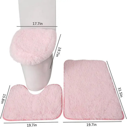 Pink Rubber 3-Piece Non-Slip Bath Rug Set - 20" x 32" Rectangular Bath Mat, Contour Mat, Toilet Seat Cover - Home Bathroom Essential Accessory
