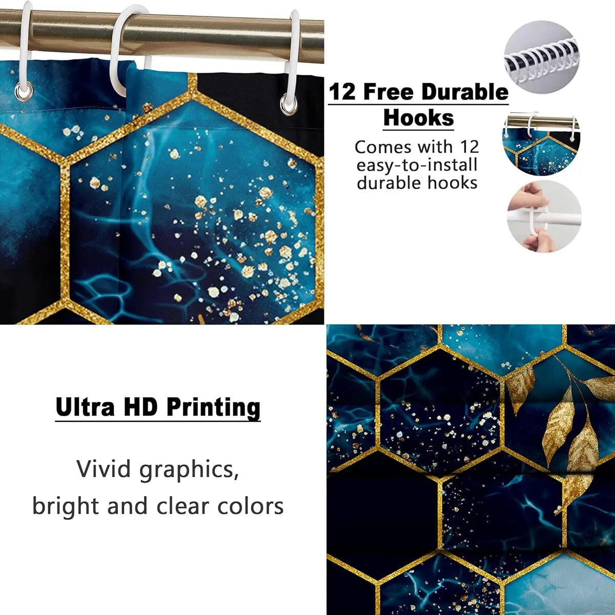 1/4 pcs sky blue honeycomb marble pattern shower curtain set, Bathroom Shower Curtain Sets, Decorative shower curtain, non-slip floor mat, U-shaped carpet, toilet lid cover, for bathroom decoration accessories, partition, free 12 shower curtain hooks