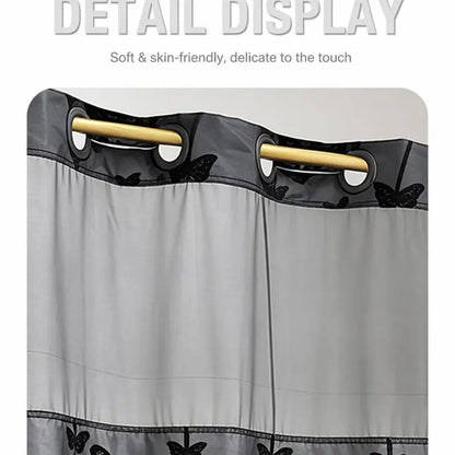 Silver No Hook Double-Layer Butterfly Flocked Shower Curtain,Mesh Top Window，Mesh Top Window, Hook-Free Design, Easy Installation, Farmhouse, Hotel, Modern Home Decoration, 72x75i