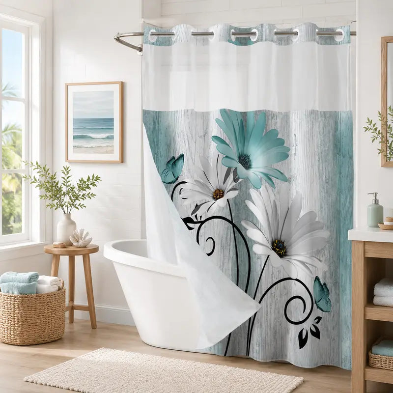 No Hook Double-Lined Hookless Waterproof Fabric Shower Curtain - Decorative Daisy Print Rustic Farmhouse Art Print Bath Accessory, 72x75in Easy-Install Beautiful Bathroom Curtains for Hotel/Dorm Home Decor, No Hook Shower Curtains
