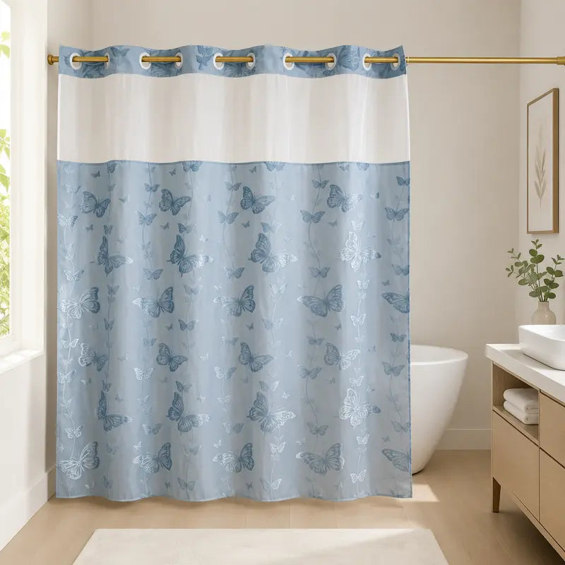 Silver No Hook Double-Layer Butterfly Flocked Shower Curtain,Mesh Top Window，Mesh Top Window, Hook-Free Design, Easy Installation, Farmhouse, Hotel, Modern Home Decoration, 72x75i